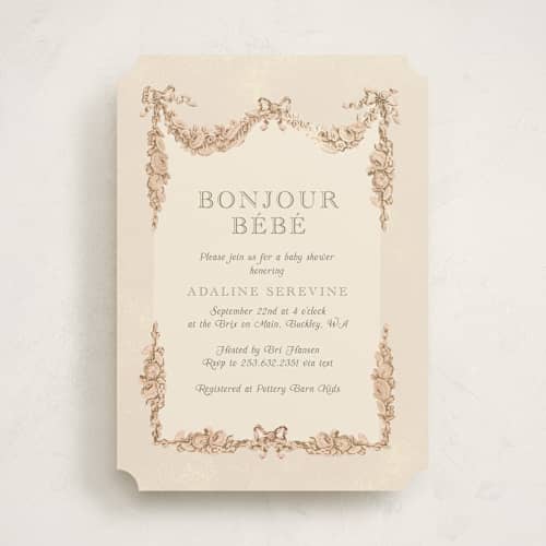 This is a cream baby shower invitations with standard by Itsy Belle Studio called bonjour bebe printing on signature in standard