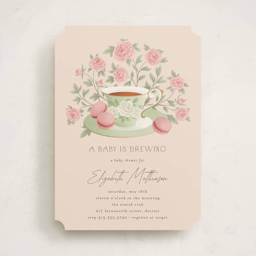 This is a framboise baby shower invitations with standard by Jamie Alexander called a baby is brewing printing on signature in standard