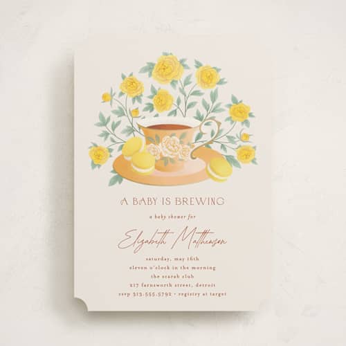 This is a citron baby shower invitations with standard by Jamie Alexander called a baby is brewing printing on signature in standard