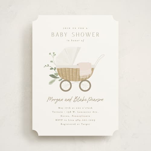 This is a porcelain baby shower invitations with standard by Everett Paper Goods called boho buggy printing on signature in standard