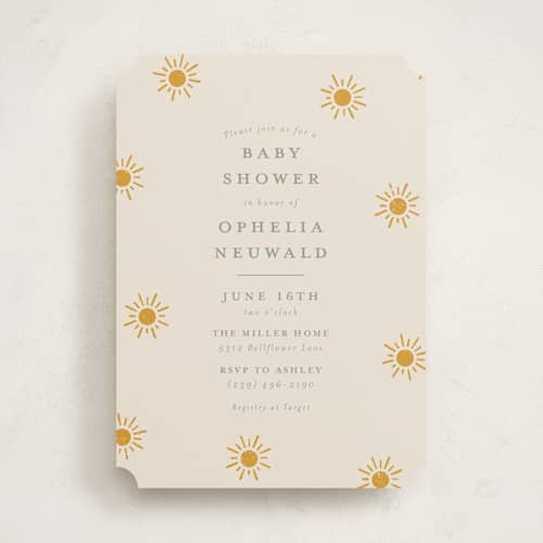 This is a golden sun baby shower invitations with standard by Meggy Masters called sun toss printing on signature in standard