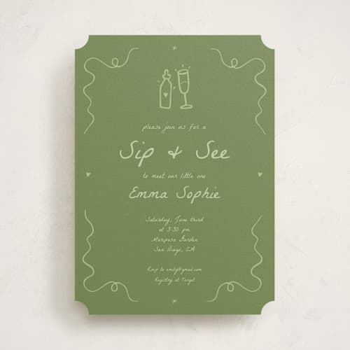 This is a moss baby shower invitations with standard by Stephanie Heinrich Godbout called doodle sip and see printing on signature in standard