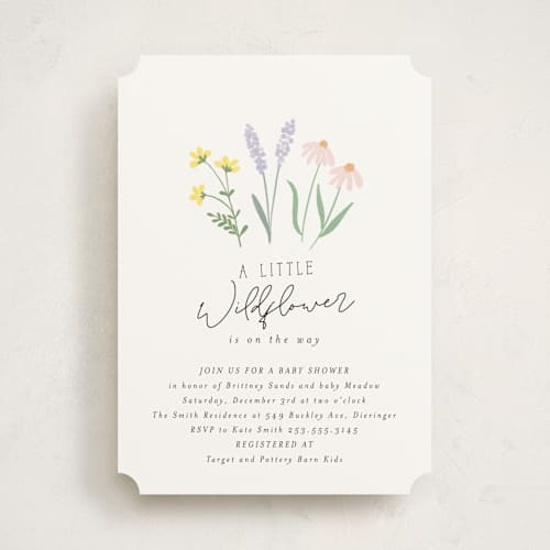 This is a pastel baby shower invitations with standard by Itsy Belle Studio called she's a wildflower printing on signature in standard