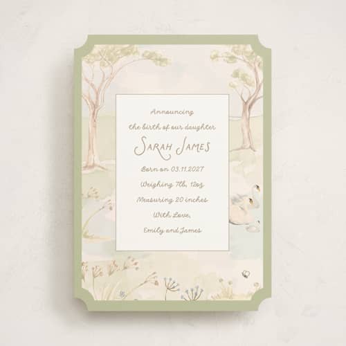 This is a sage birth announcements with standard by Teju Reval called dreamy lake printing on signature in standard