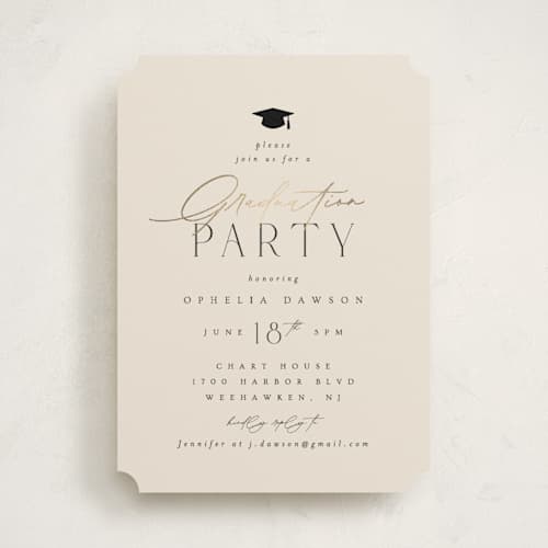 This is a cream graduation invitations with foil pressed by Ana Sharpe called a grad party printing on signature in standard