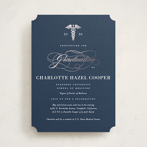 This is a navy graduation invitations with foil pressed by Jill Means called medical degree printing on signature in standard
