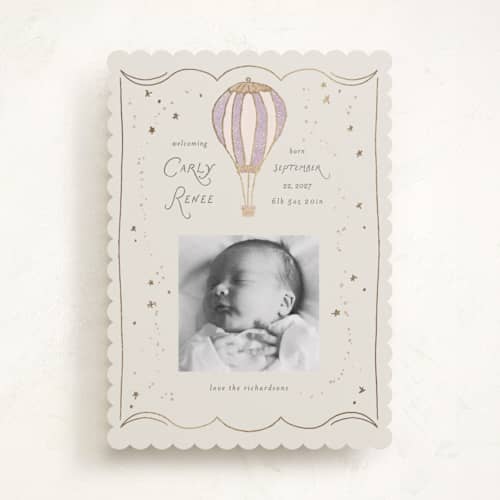 This is a lilac foil stamped birth announcements with foil pressed by Summer Winkelman called balloon whimsy printing on recycled smooth signature in standard