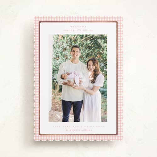 This is a blush foil stamped birth announcements with foil pressed by Claudia Orengo called preppy fabric printing on recycled smooth signature in standard