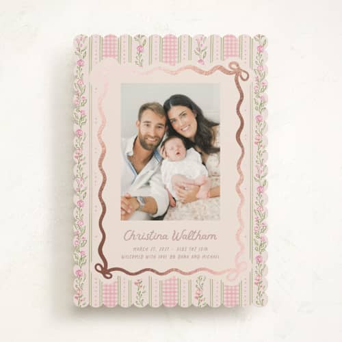 This is a ballet slipper foil stamped birth announcements with foil pressed by Creo Study called cottagecore wallpaper printing on recycled smooth signature in standard