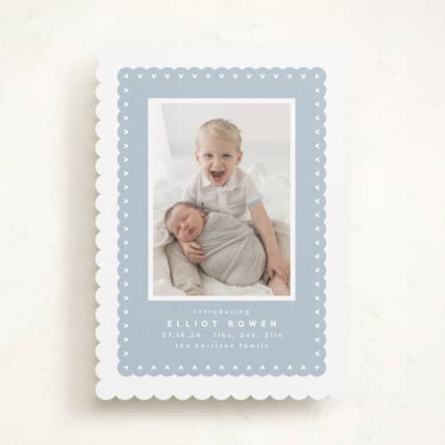 This is a chambray birth announcements with standard by Lea Delaveris called mickey fabric frame printing on recycled smooth signature in standard
