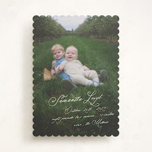 This is a snow birth announcements with standard by AK Graphics called penman printing on recycled smooth signature in standard