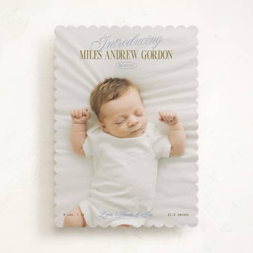 This is a periwinkle birth announcements with standard by Owl and Toad called introducing printing on recycled smooth signature in standard