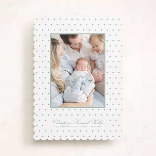 This is a eucalyptus birth announcements with standard by Blustery August called elio printing on recycled smooth signature in standard