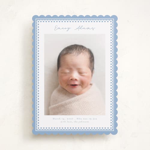 This is a sky birth announcements with standard by Nicole Walsh called stitched frame printing on recycled smooth signature in standard