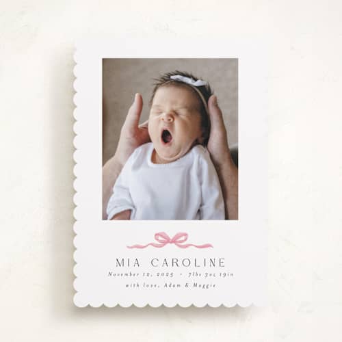 This is a cotton candy birth announcements with standard by Paula Pecevich called sweet bow printing on recycled smooth signature in standard