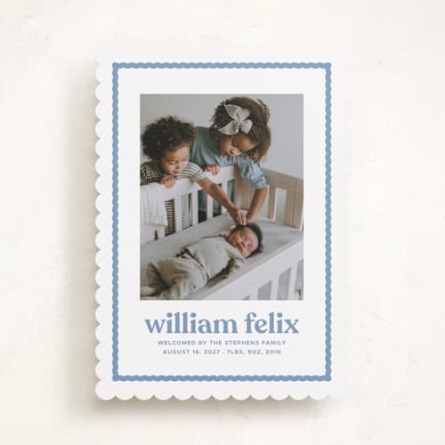 This is a water birth announcements with standard by Lea Delaveris called first impression printing on recycled smooth signature in standard