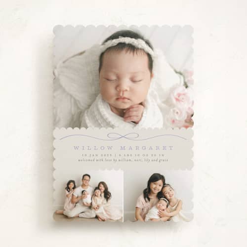 This is a periwinkle birth announcements with standard by Laura Hankins called scallops printing on recycled smooth signature in standard