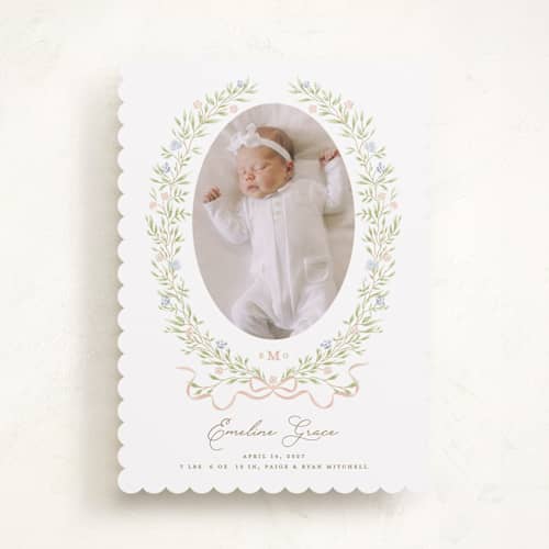 This is a vintage rose birth announcements with standard by Susan Zinader called floral crest printing on recycled smooth signature in standard