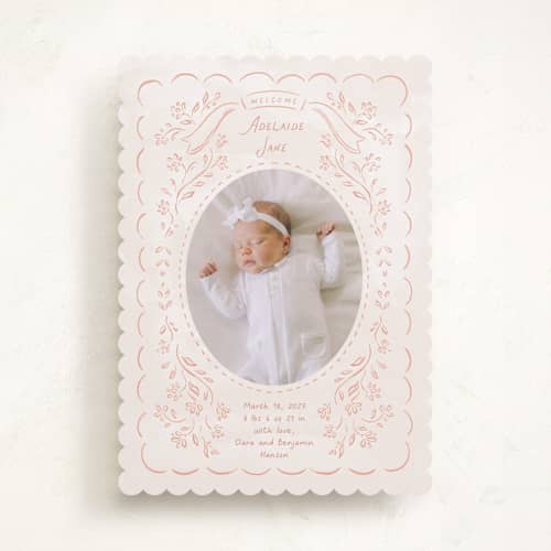 This is a peony birth announcements with standard by JeAnna Casper called adelaide printing on recycled smooth signature in standard