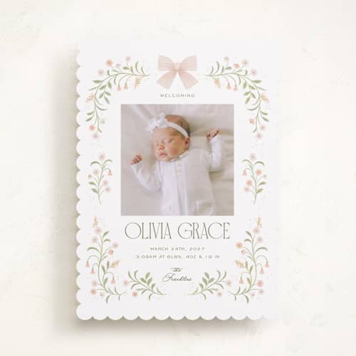 This is a blush birth announcements with standard by Paper Raven Co. called sweet adelaide printing on recycled smooth signature in standard