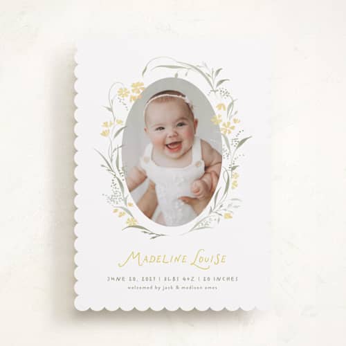 This is a lemon birth announcements with standard by Erin L. Wilson called dainty wreath printing on recycled smooth signature in standard