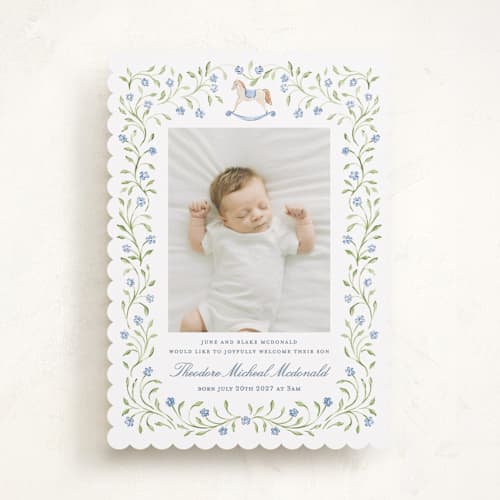 This is a cornflower birth announcements with standard by Sarah Knight called theodore printing on recycled smooth signature in standard