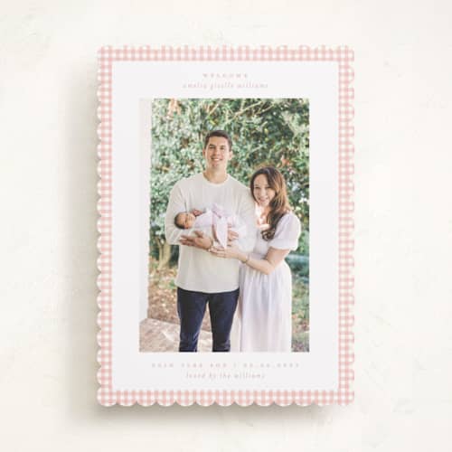 This is a blush birth announcements with standard by Claudia Orengo called preppy fabric printing on recycled smooth signature in standard