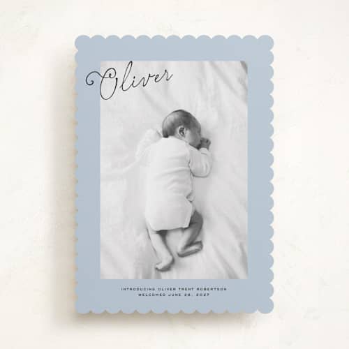 This is a powder birth announcements with standard by Jenna Holcomb called nostalic handwriting printing on recycled smooth signature in standard