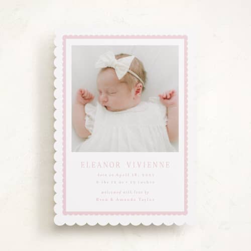 This is a petal birth announcements with standard by Emily Betts called sweetest scallop printing on recycled smooth signature in standard