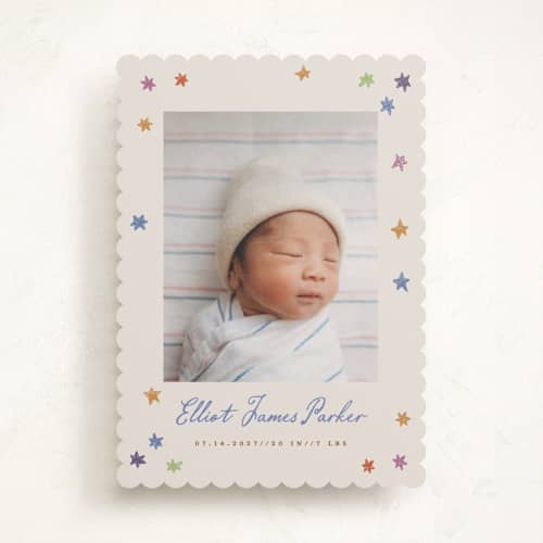 This is a rainbow birth announcements with standard by Maja Cunningham called starlight printing on recycled smooth signature in standard