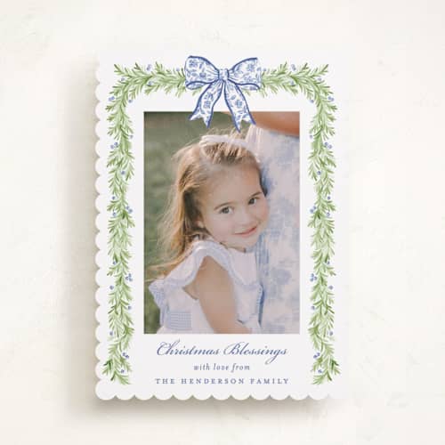 This is a bluebell photo christmas cards with standard by Sarah Knight called toile bow printing on recycled smooth signature in standard