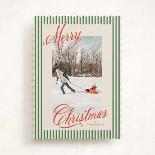 This is a forest photo christmas cards with standard by Karidy Walker called script and stripes printing on recycled smooth signature in standard