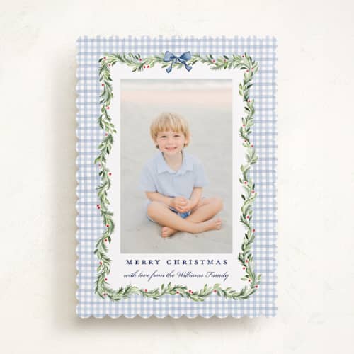 This is a chambray photo christmas cards with standard by Sarah Knight called gingham garland printing on recycled smooth signature in standard