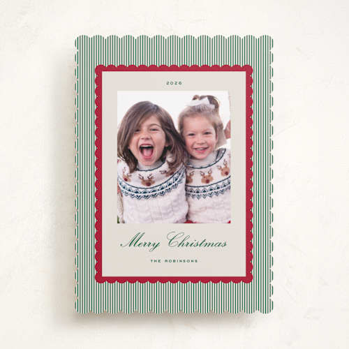 This is a holly photo christmas cards with standard by Emily Betts called stripe scallop printing on recycled smooth signature in standard