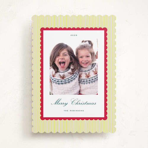 This is a chartreuse photo christmas cards with standard by Emily Betts called stripe scallop printing on recycled smooth signature in standard