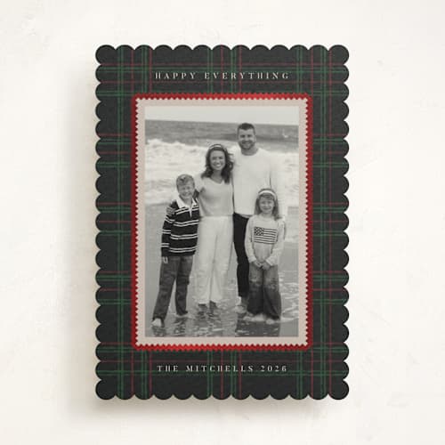 This is a evergreen foil pressed holiday cards with foil pressed by Jen Owens called plaid greetings printing on recycled smooth signature in standard
