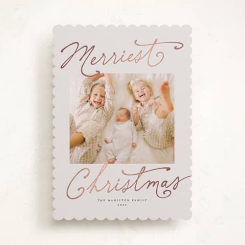 This is a eggnog foil pressed holiday cards with foil pressed by Rachel Mattern called merriest season printing on recycled smooth signature in standard