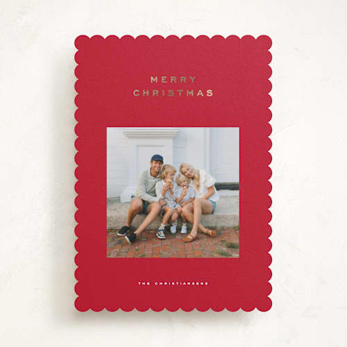 This is a santa suit foil pressed holiday cards with foil pressed by Wildfield Paper Co called cranberry printing on recycled smooth signature in standard
