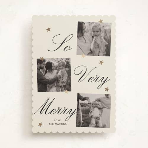 This is a champagne foil pressed holiday cards with foil pressed by Ani Somi called merry stars printing on recycled smooth signature in standard