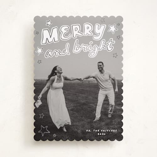 This is a snow foil pressed holiday cards with foil pressed by Everett Paper Goods called casual written printing on recycled smooth signature in standard