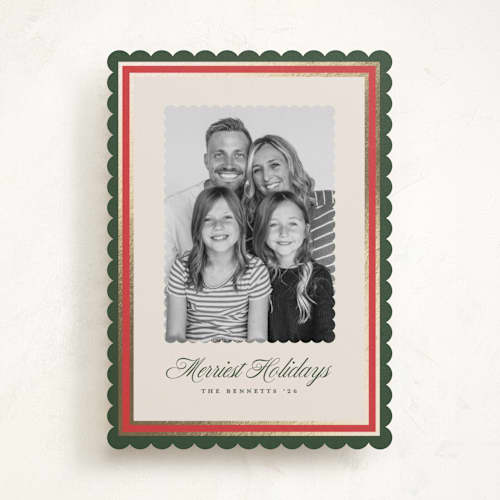 This is a spruce foil pressed holiday cards with foil pressed by Erica Krystek called festive frame printing on recycled smooth signature in standard