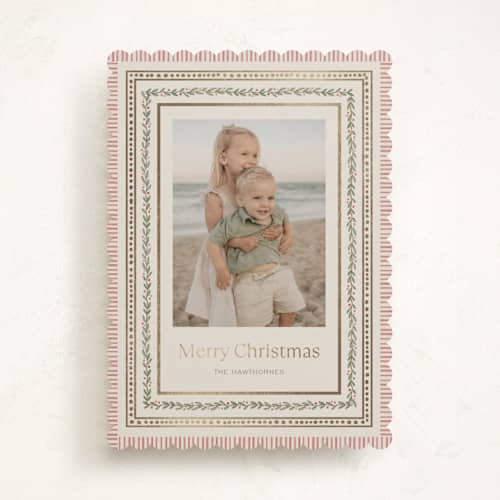 This is a vanilla foil pressed holiday cards with foil pressed by Lori Wemple called holiday pattern frame printing on recycled smooth signature in standard