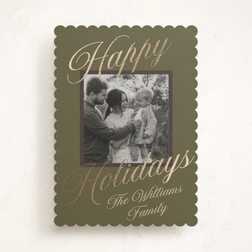 This is a pine foil pressed holiday cards with foil pressed by Robert and Stella called velour printing on recycled smooth signature in standard