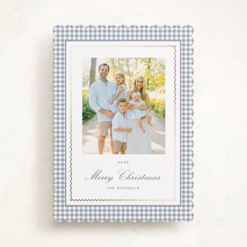 This is a wintermint foil pressed holiday cards with foil pressed by Emily Betts called gingham squiggle printing on recycled smooth signature in standard