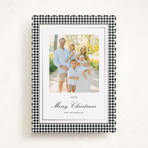 This is a onyx foil pressed holiday cards with foil pressed by Emily Betts called gingham squiggle printing on recycled smooth signature in standard