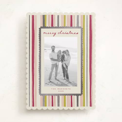 This is a fig foil pressed holiday cards with foil pressed by Sarah Rosenthal called silver tinsel printing on recycled smooth signature in standard