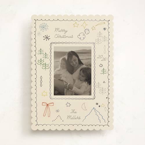 This is a frost foil pressed holiday cards with foil pressed by Sumak Studio called merry drawing printing on recycled smooth signature in standard
