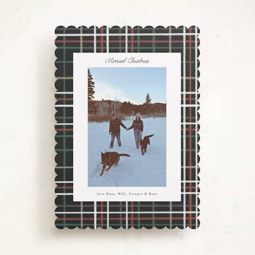 This is a noir holiday photo cards with standard by Emily Sabol Goss called retro plaid printing on recycled smooth signature in standard