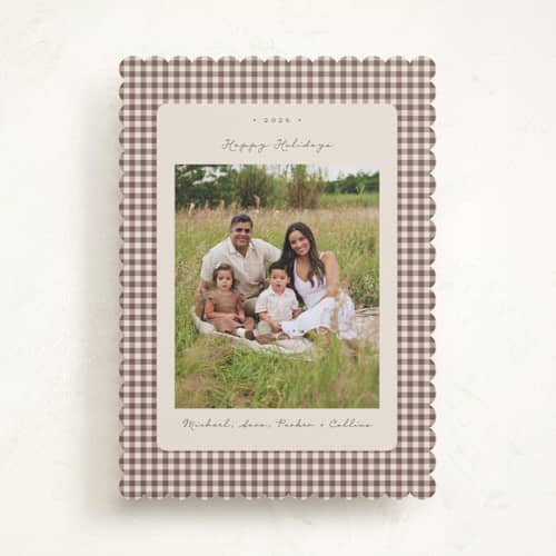 This is a gingerbread latte holiday photo cards with standard by Emily Betts called gingham vintage printing on recycled smooth signature in standard