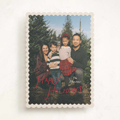 This is a cranberry holiday photo cards with standard by Pixel and Hank called waved printing on recycled smooth signature in standard